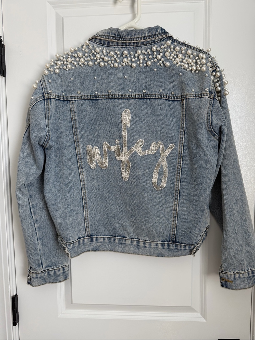 Heirloom Bridal Pearl Wifey Light Blue Denim Jacket